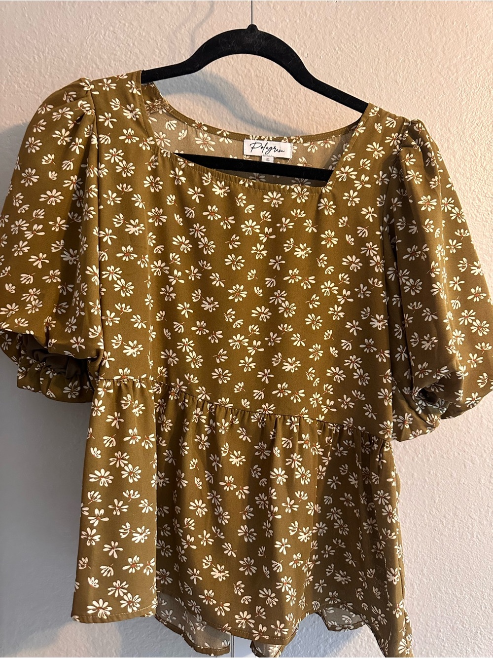 Polagram Olive Green Floral Babydoll Top Size Small Puff Sleeve